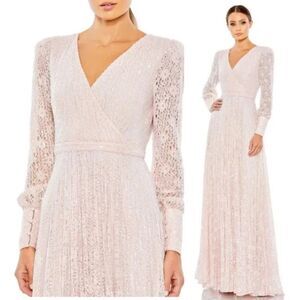 Mac Duggal 93679 Beaded Lace Long Sleeve Wrap Over Gown, Light Rose, Size 12